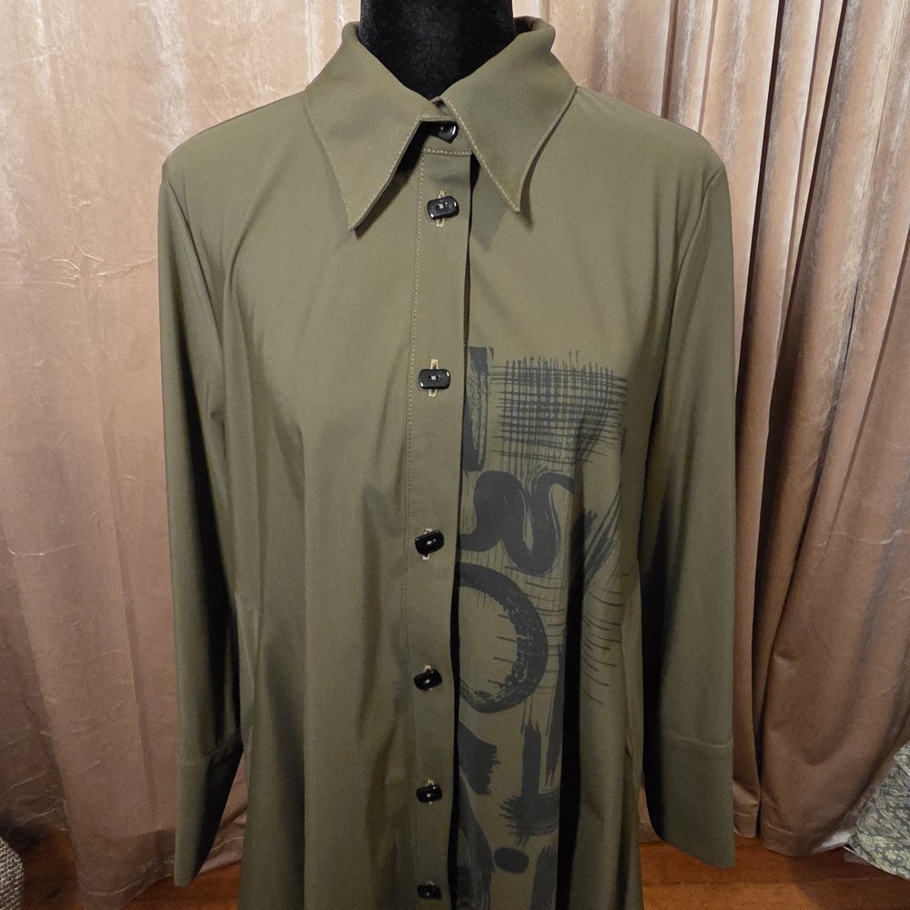 IC COLLECTION Olive Button Down Shirt with Black Pattern